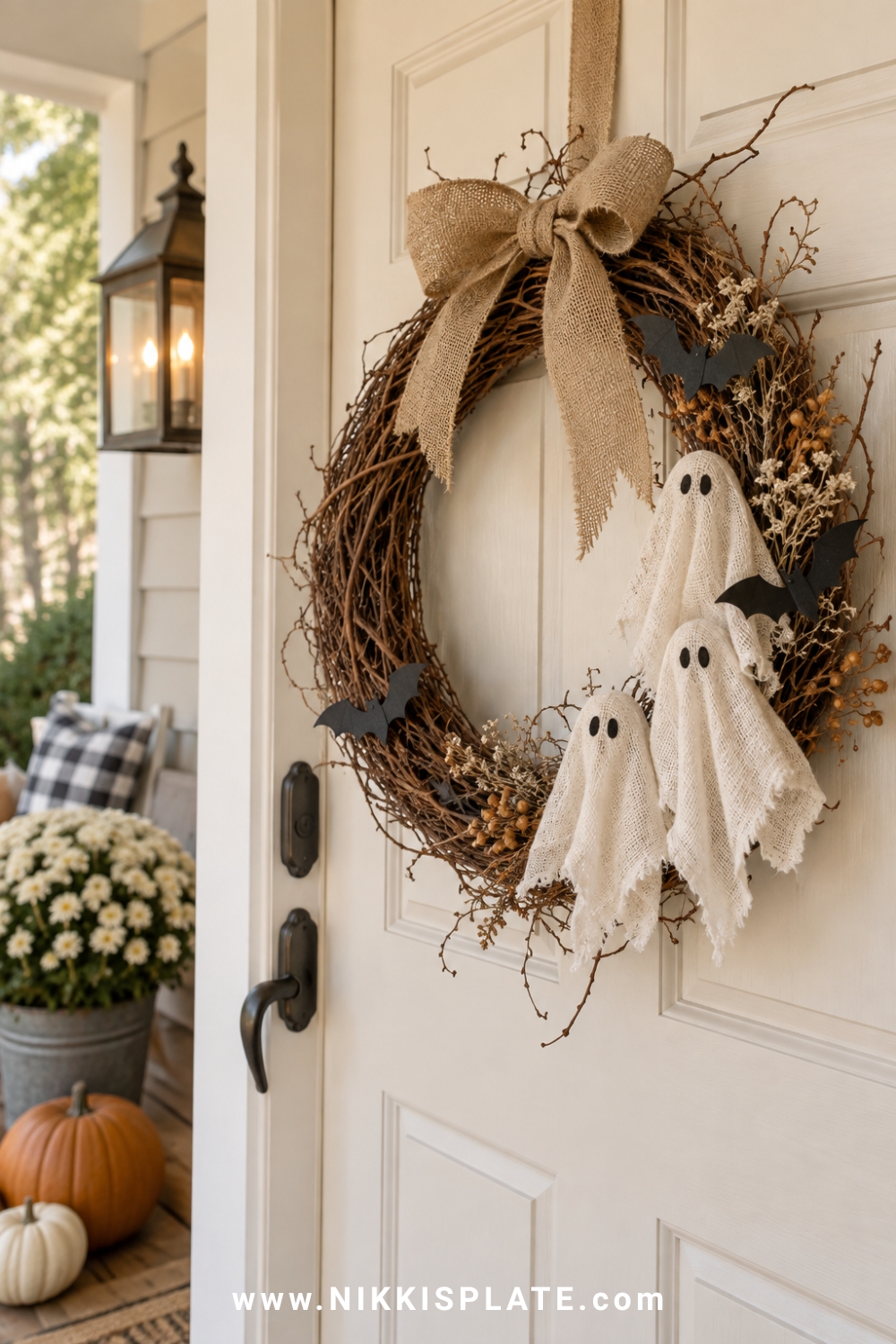 Rustic vine wreath with small white ghosts, black bats and a burlap bow