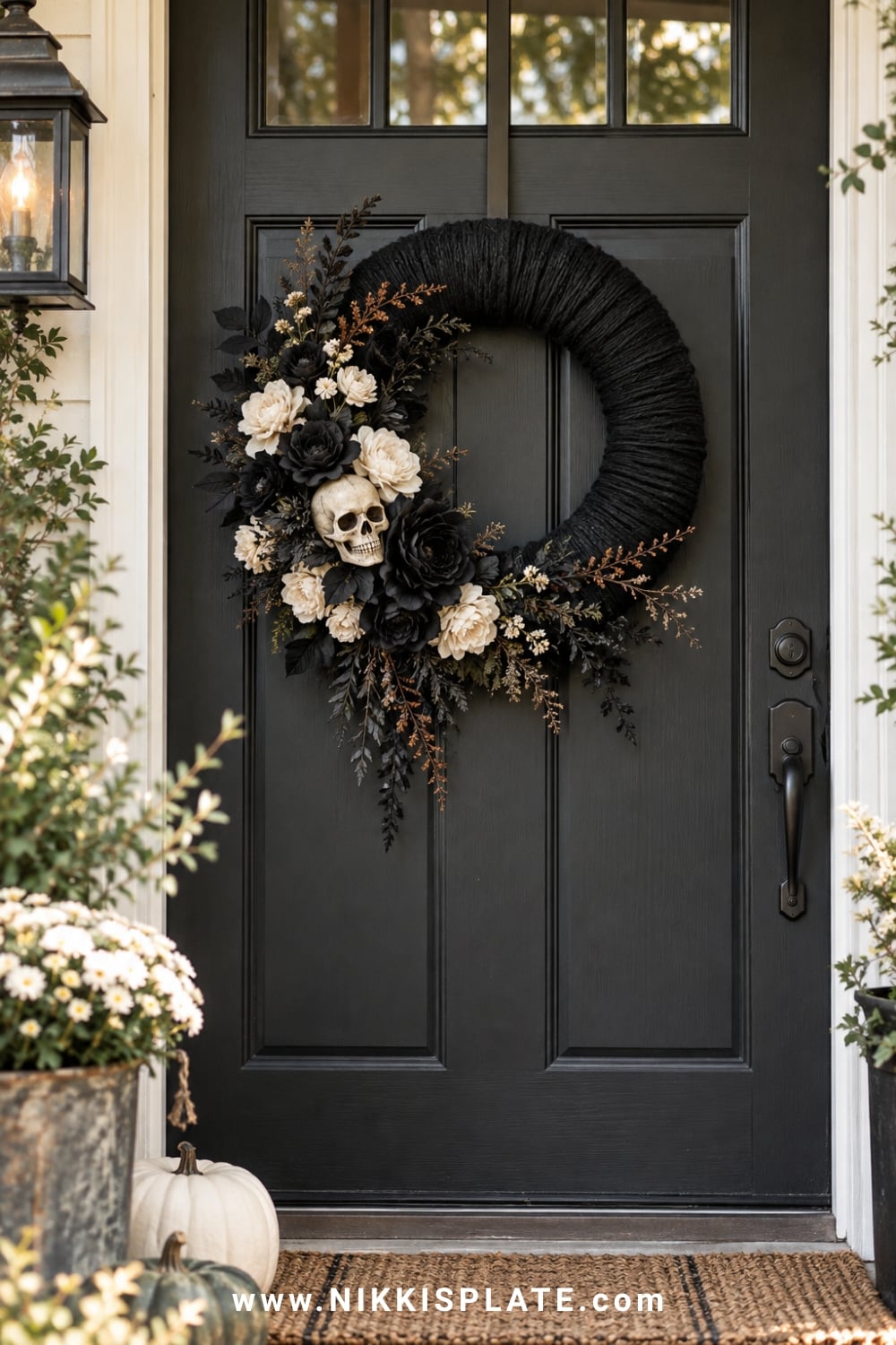 Black floral Halloween wreath with ivory flowers and a small skull on a dark front door