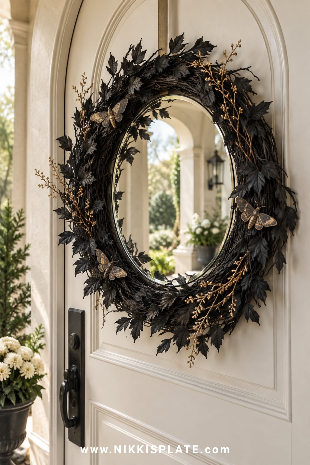 Black and gold Halloween wreath surrounding a lightweight aged mirror with moth accents
