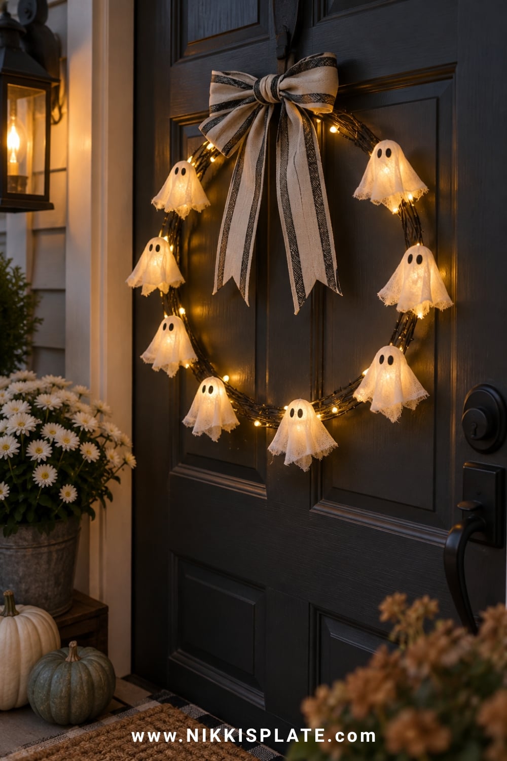 Wire Halloween wreath wrapped with warm LED lights and small glowing white ghosts