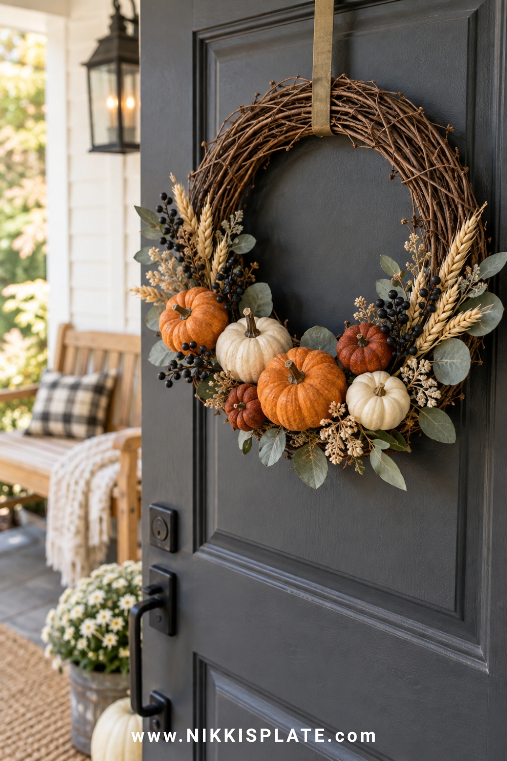Grapevine wreath with cream, rust and muted orange mini pumpkins and eucalyptus