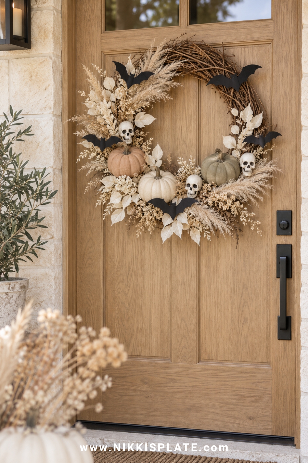 Neutral fall wreath updated with black bats, small white skulls and dried grasses