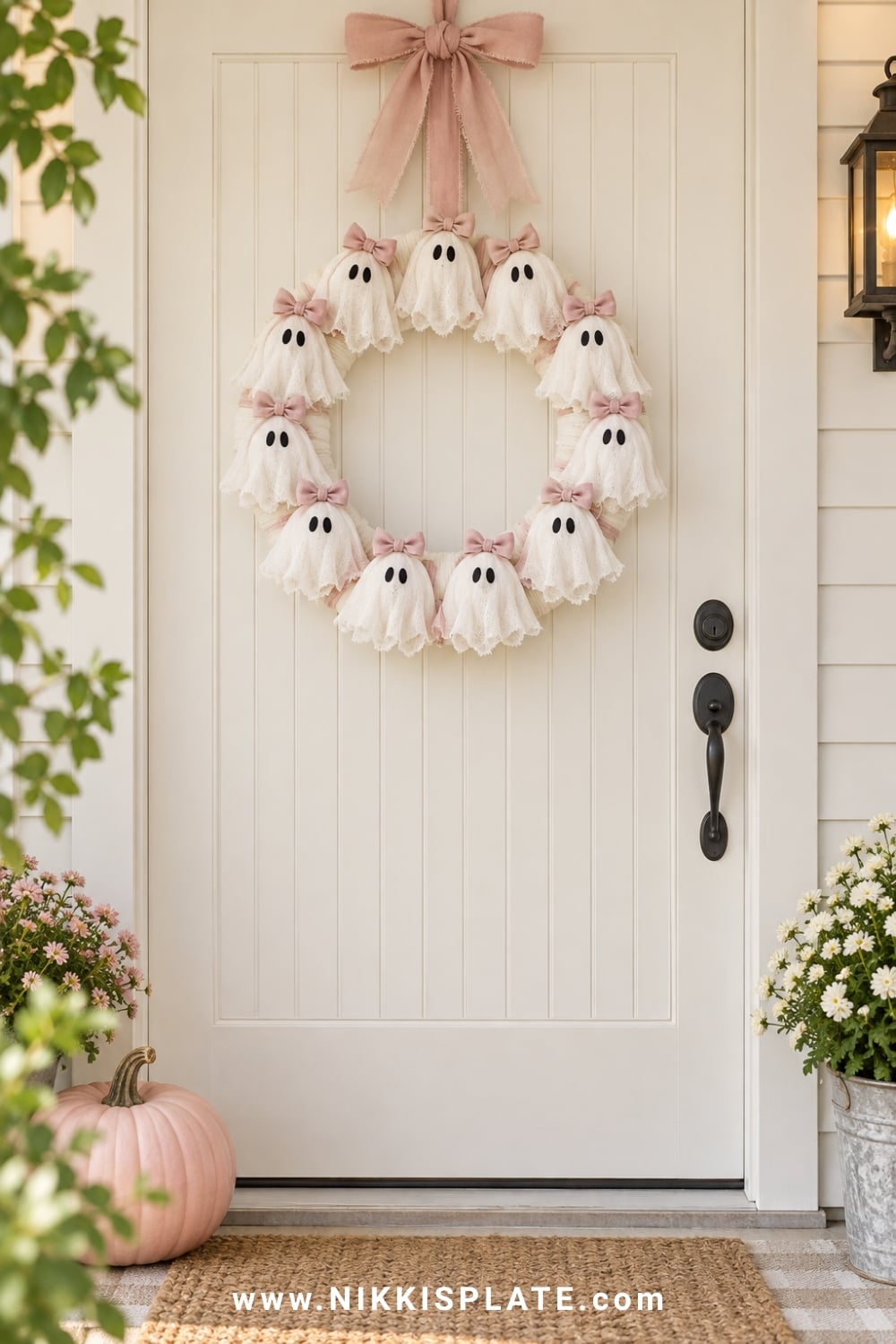 Tiny white ghost wreath with blush and mauve bows