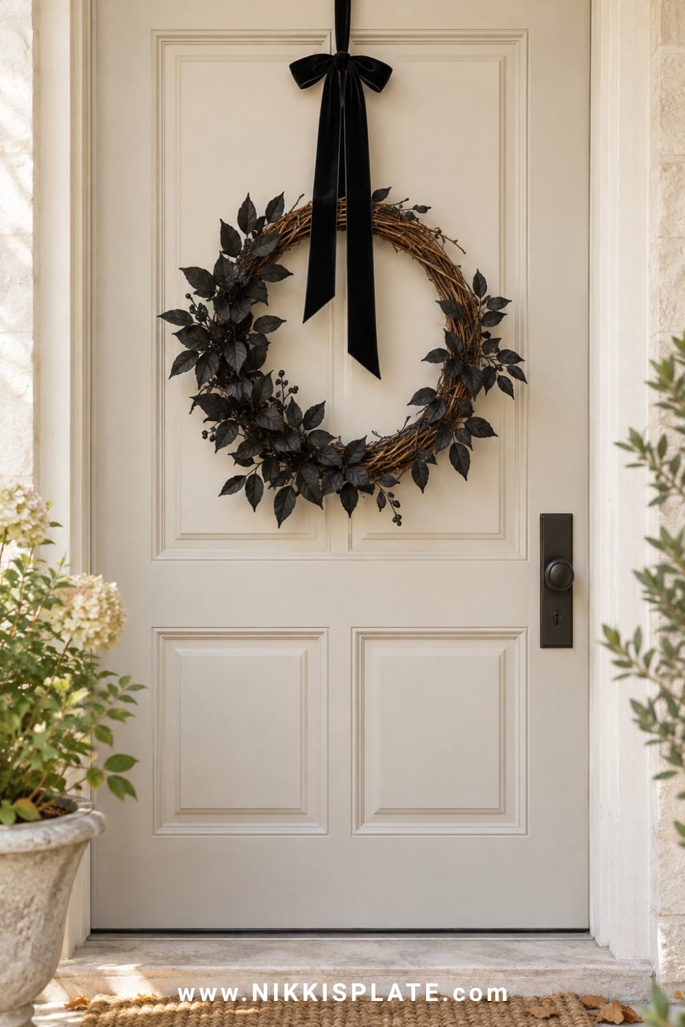 Minimal black leaf Halloween wreath with a long velvet ribbon