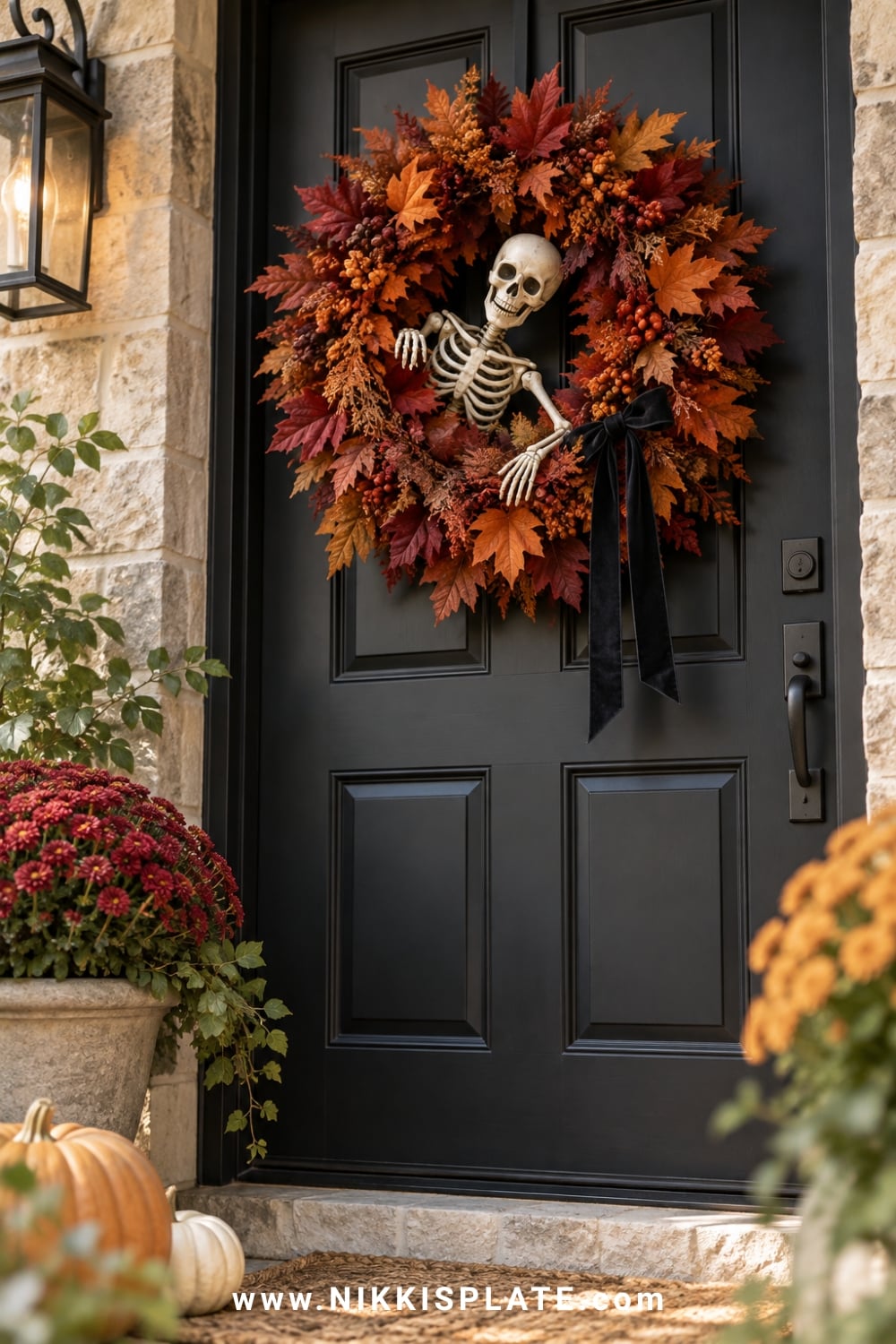 Small skeleton peeking through a red, orange and burgundy fall wreath