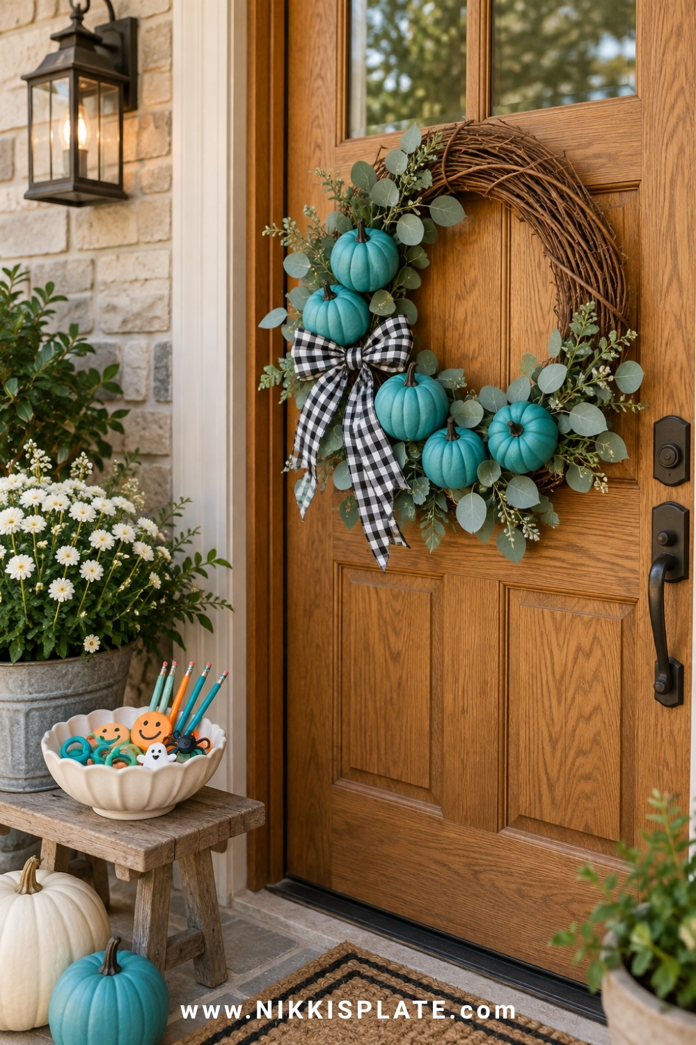 Grapevine wreath with teal mini pumpkins, black-and-white ribbon and greenery