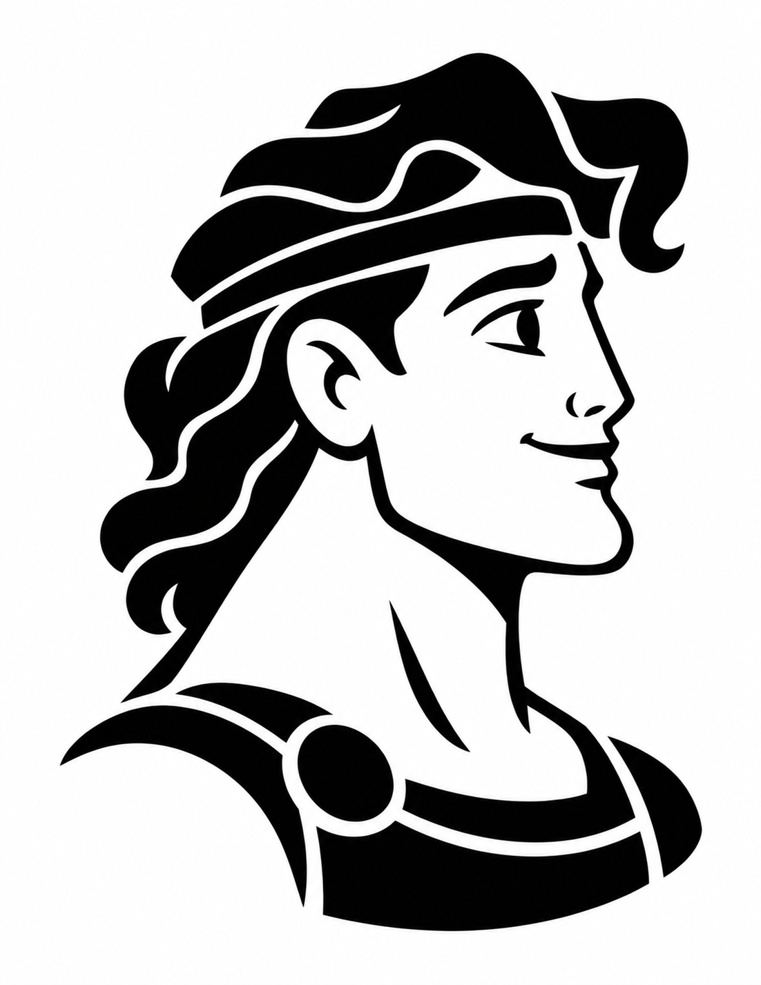 Free Hercules pumpkin carving stencil featuring a heroic profile with flowing hair.