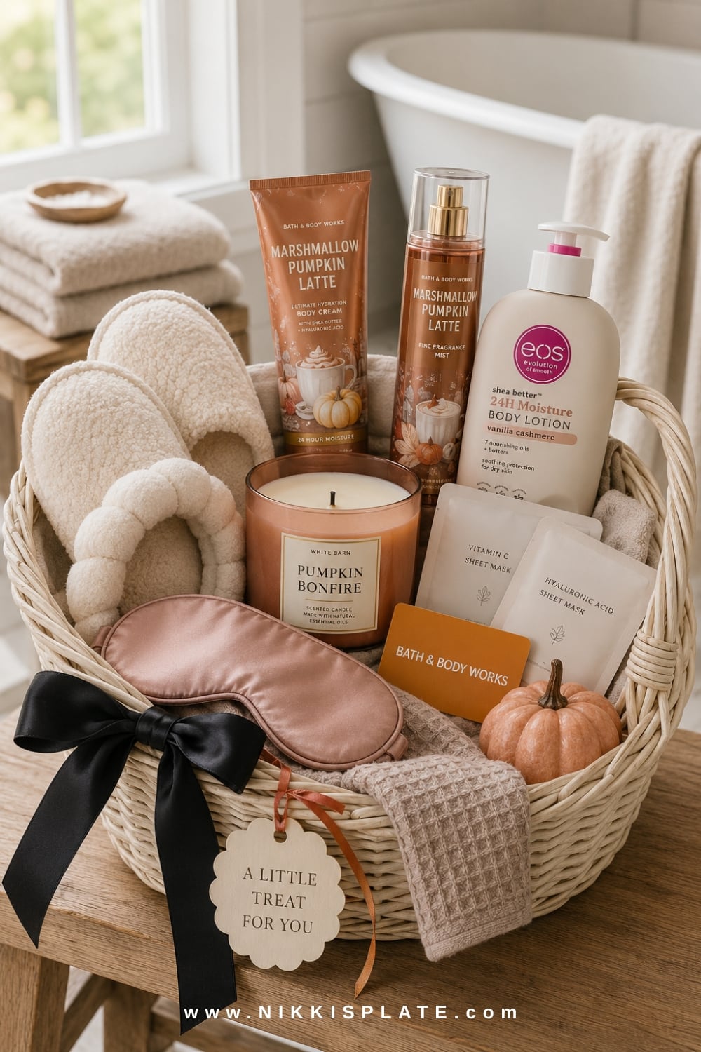 Bath & Body Works self-care boo basket with fall body care, an unlit candle, slippers, a sleep mask and spa accessories.