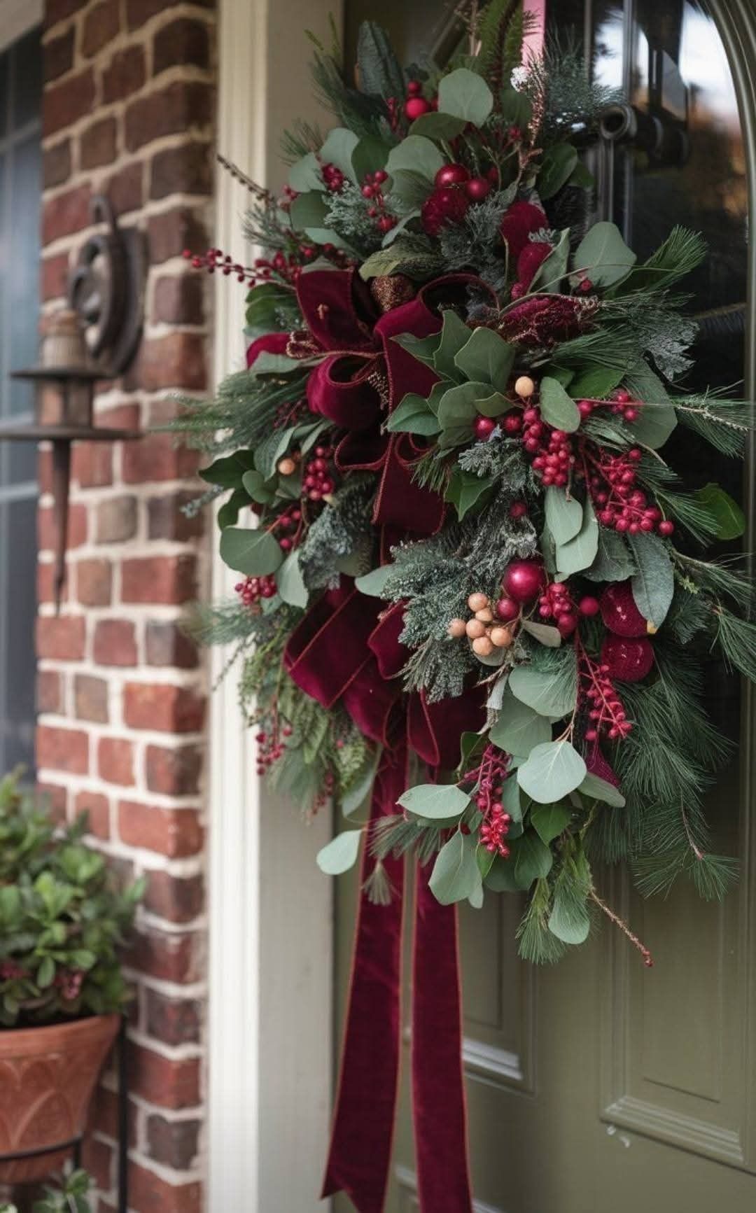 Christmas wreath decorated with a burgundy velvet ribbon, red berries, eucalyptus, and pine greenery on a front door.