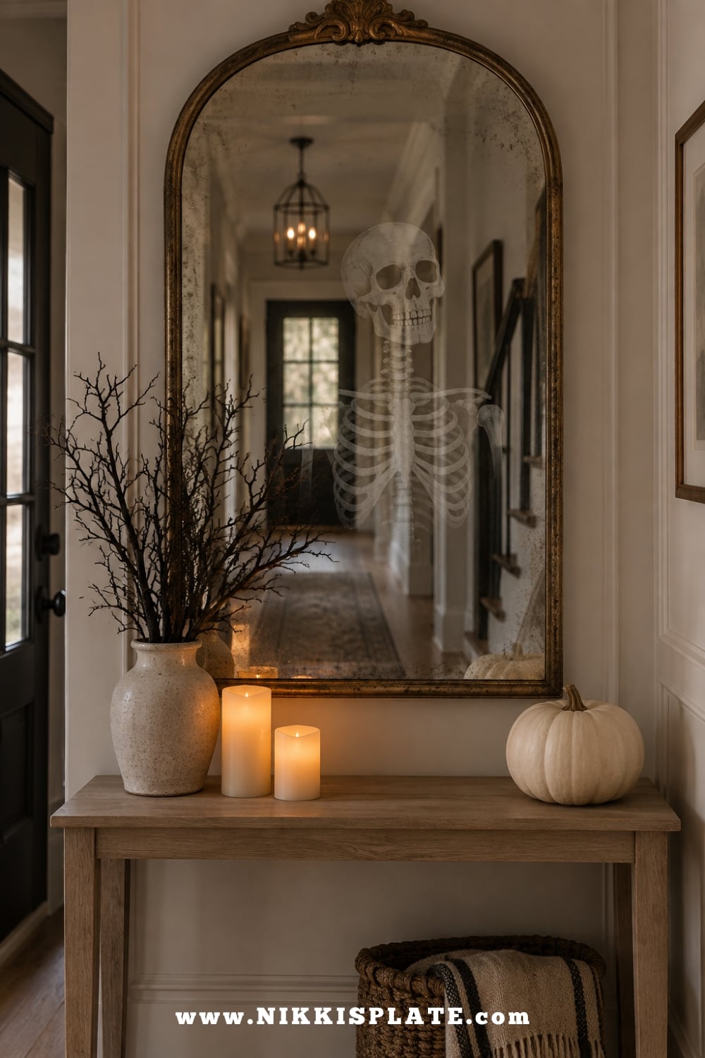 Antique hallway mirror decorated with a translucent skeleton silhouette and flameless candles