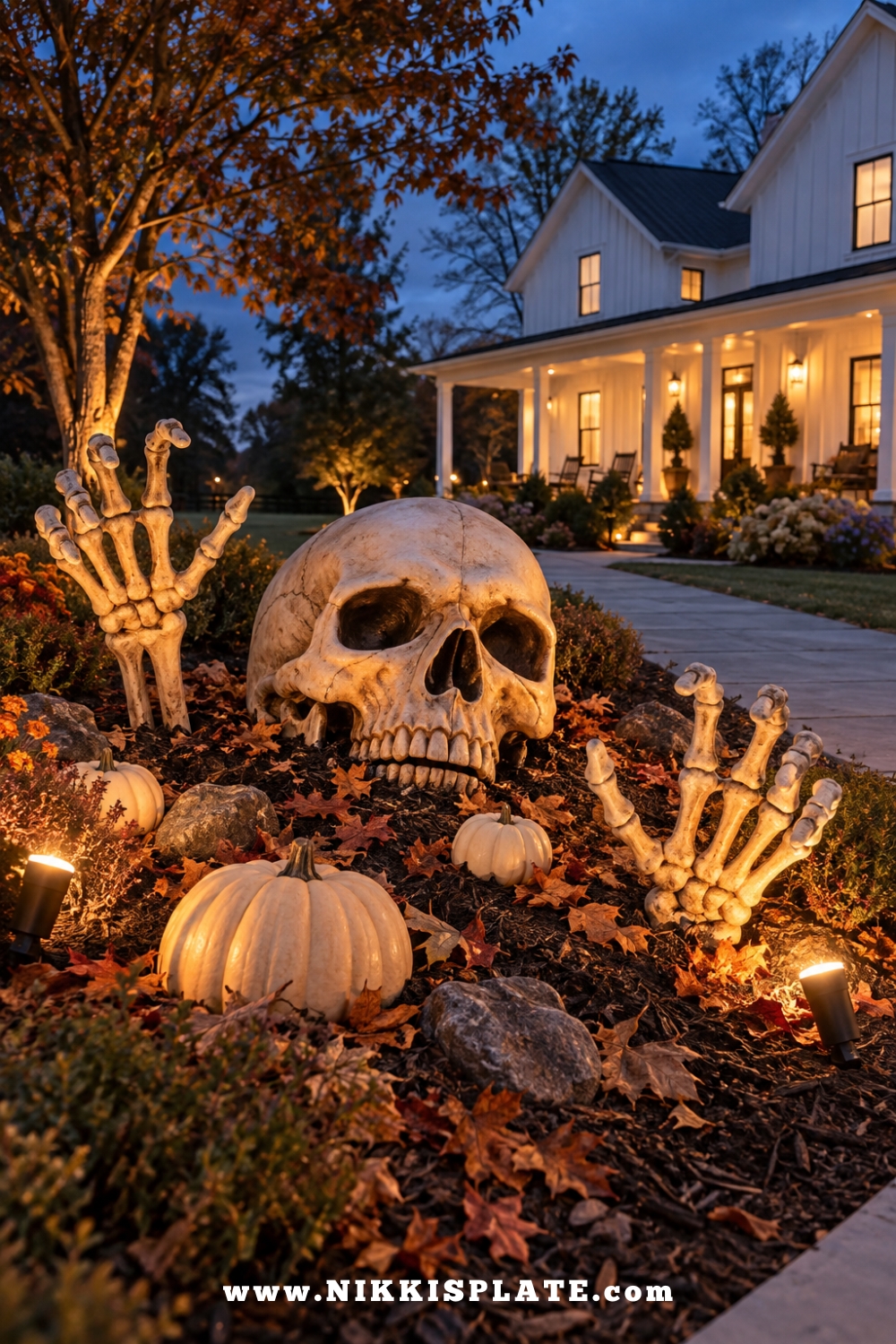 Giant skeleton skull and hands emerging from a Halloween yard display with pumpkins and spotlights