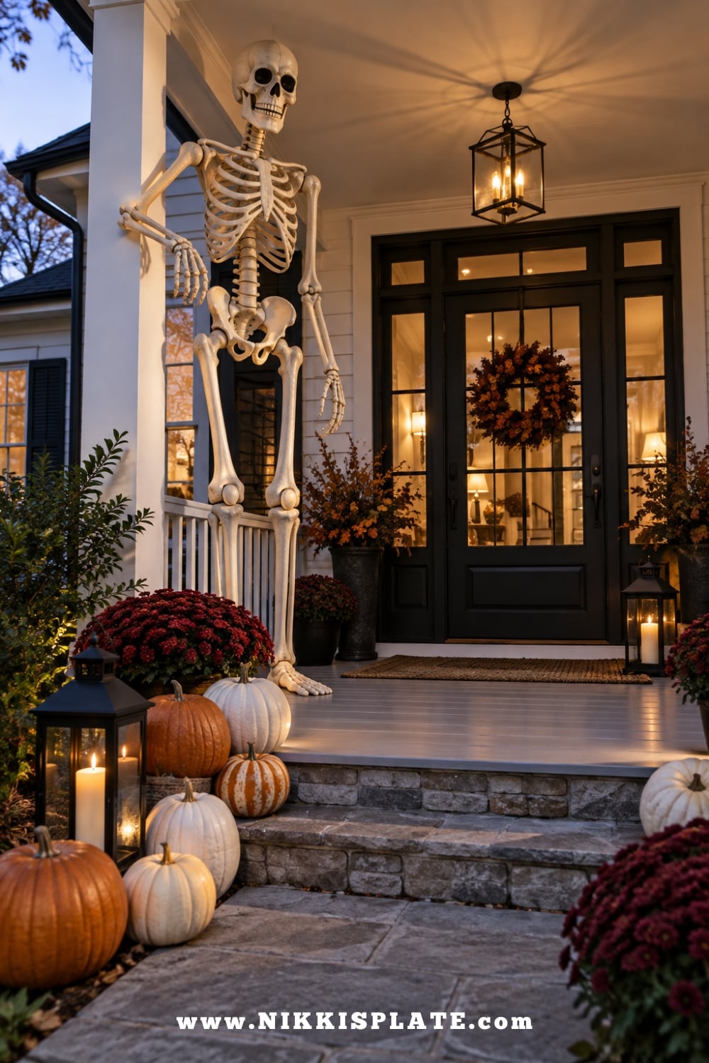 Giant skeleton guarding a farmhouse porch decorated with pumpkins, lanterns and burgundy mums