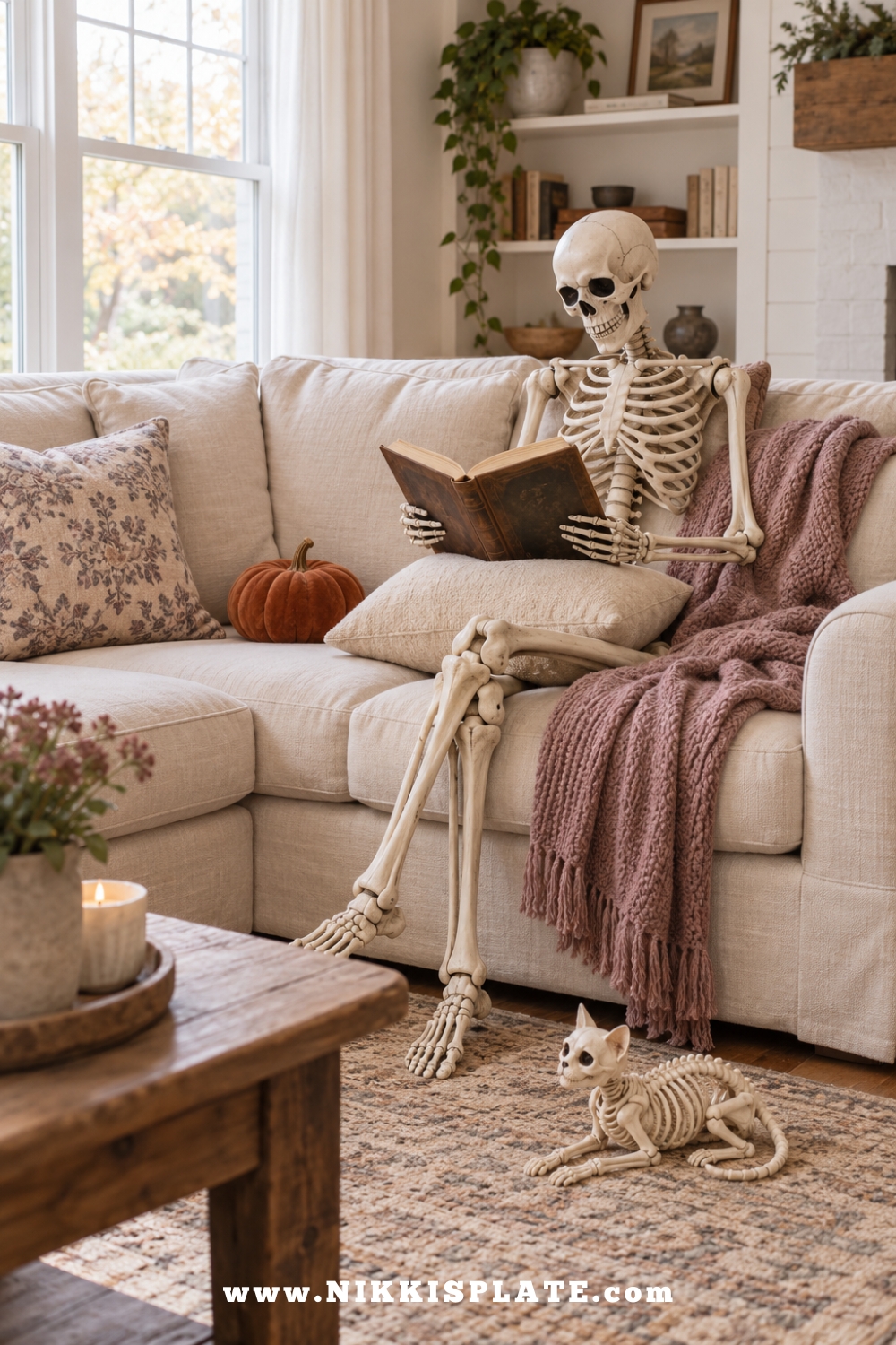 Skeleton reading on a cream couch with a mauve blanket, pumpkin and skeleton cat