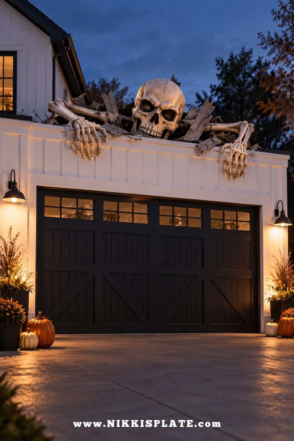 Giant skeleton skull and hands creating a roof-breaking illusion above a black garage door