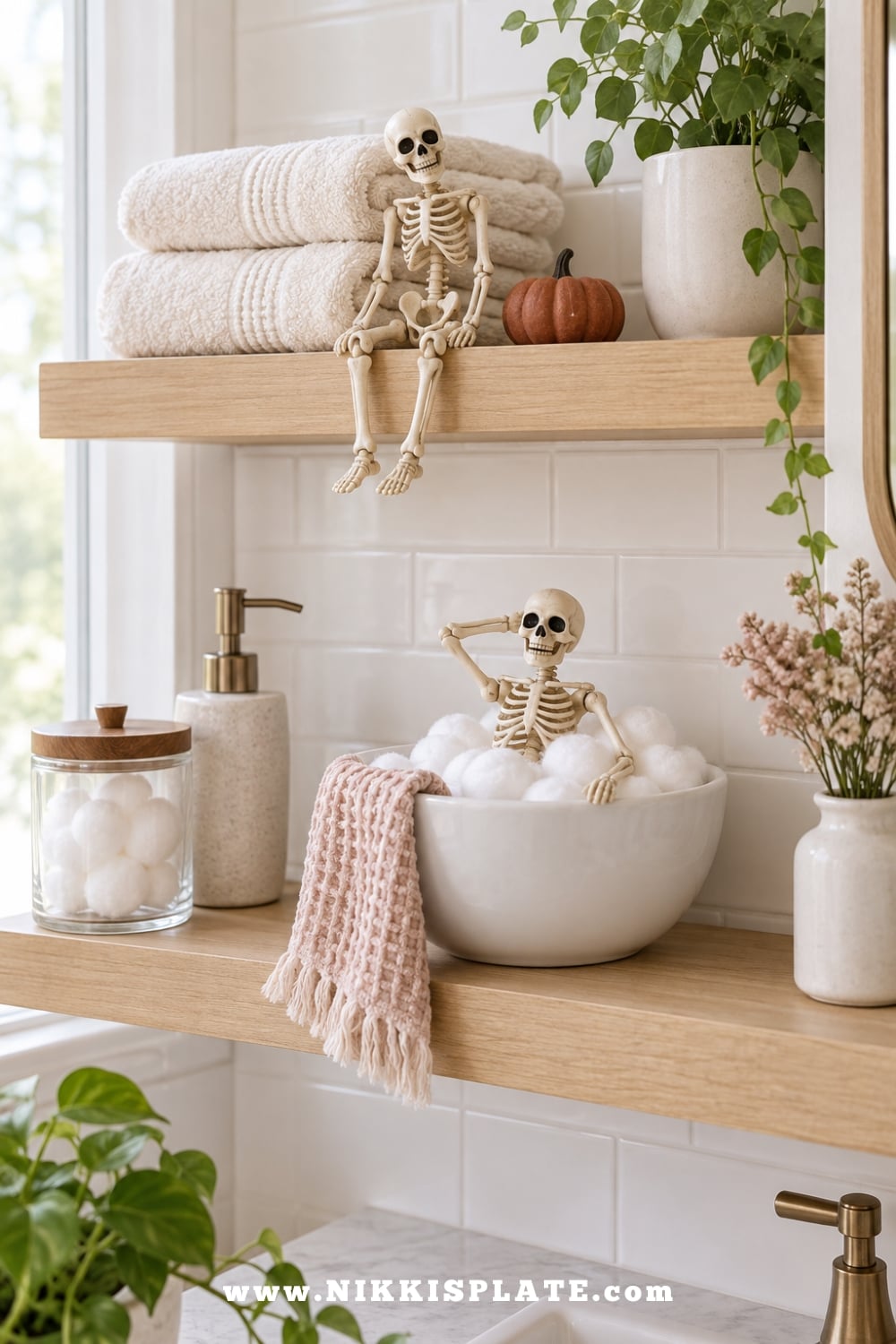 Two mini skeletons styled on bathroom shelves with cream towels, a tiny pumpkin and cotton bubbles