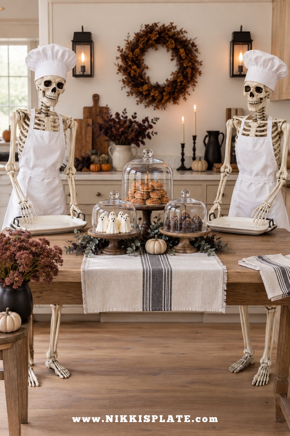 Two skeleton chefs posed beside a farmhouse Halloween snack table with covered treats