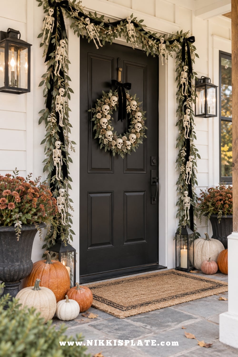 Front door framed with mini skeleton garland, black velvet ribbon, a skull wreath and autumn pumpkins