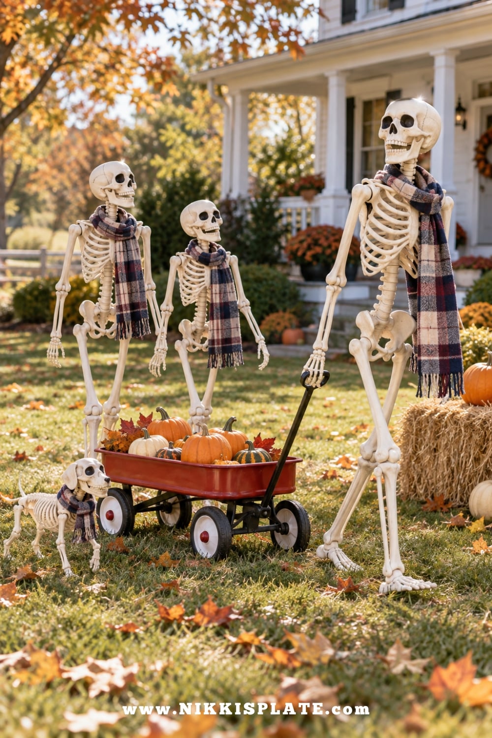 Skeleton family pulling a red wagon filled with pumpkins across a farmhouse lawn