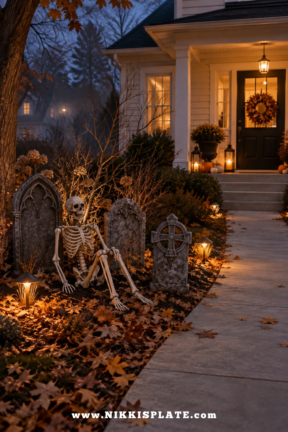 Skeleton seated among three tombstones beside a clear Halloween front walkway at dusk