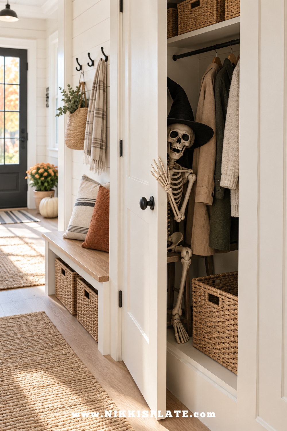 Funny skeleton wearing a witch hat and peeking from a tidy farmhouse coat closet