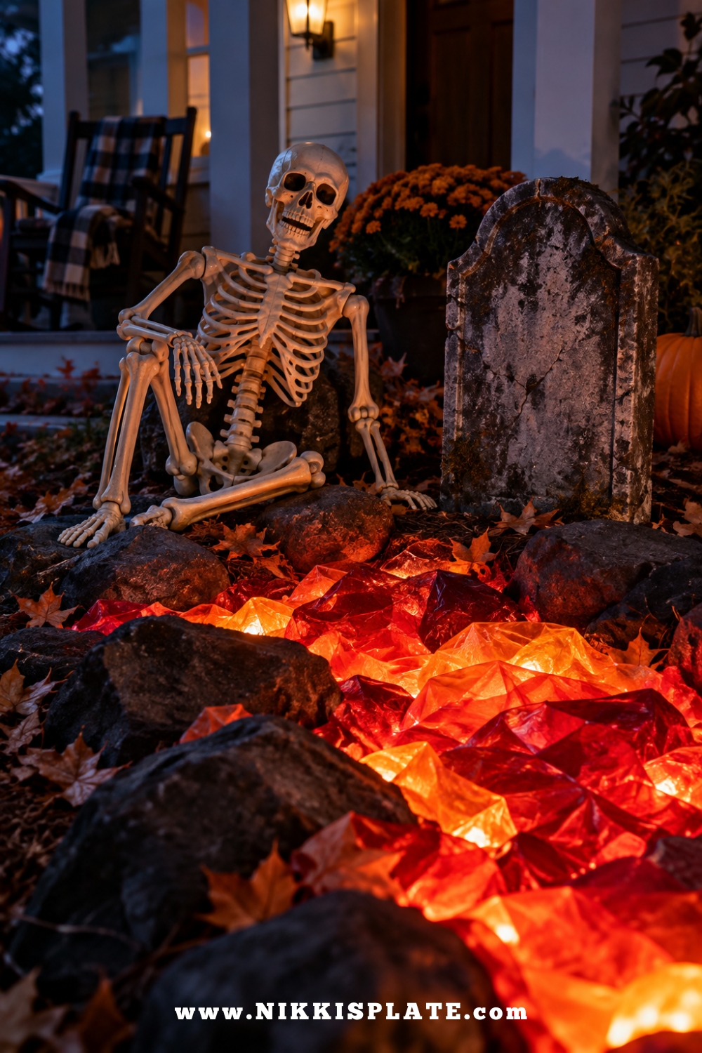 Skeleton beside a faux glowing lava graveyard made with red, orange and amber LED light