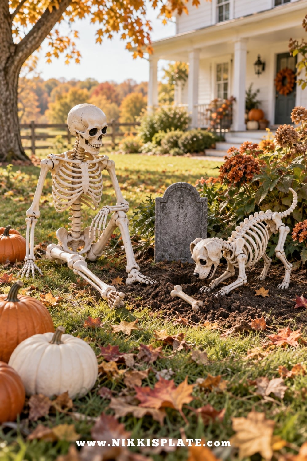 Skeleton dog digging beside a tombstone and seated skeleton in a playful Halloween yard display