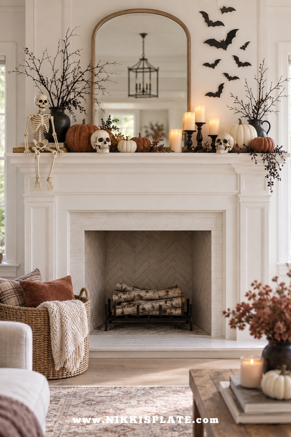 Halloween mantel styled with a tabletop skeleton, ivory skulls, pumpkins, bats and LED candles