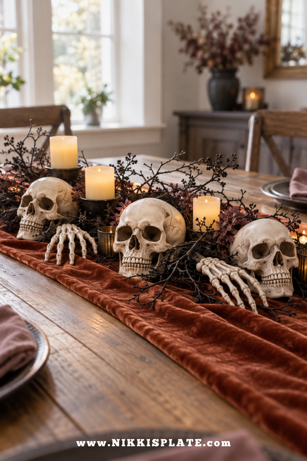 Low Halloween centerpiece with ivory skulls, skeleton hands, black branches and LED candles