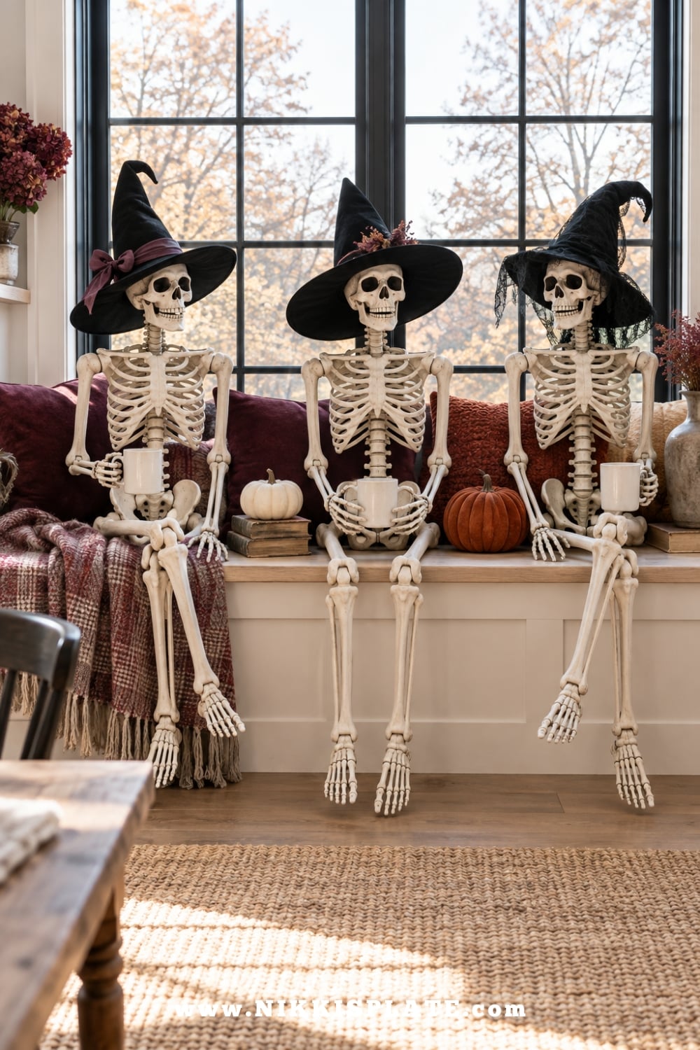 Three skeletons wearing witch hats on a bright window seat with mugs, books and pumpkins