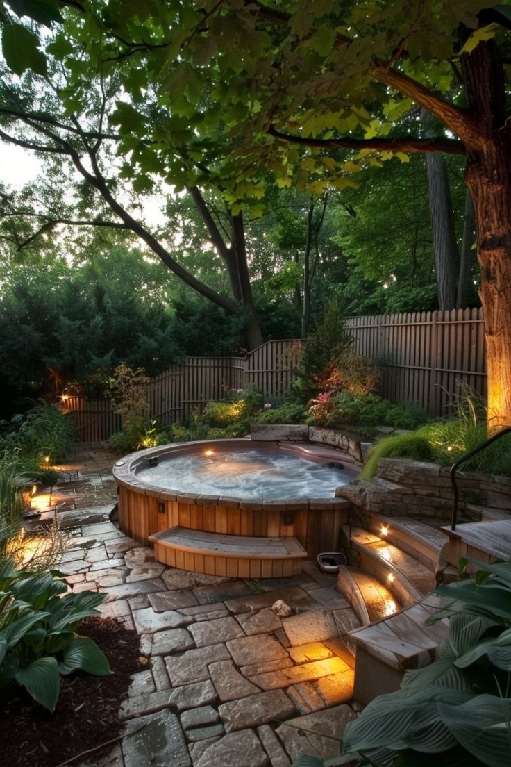 Cozy backyard hot tub with stone patio and ambient lighting, ideal setup for DIY hot tub repairs and maintenance.