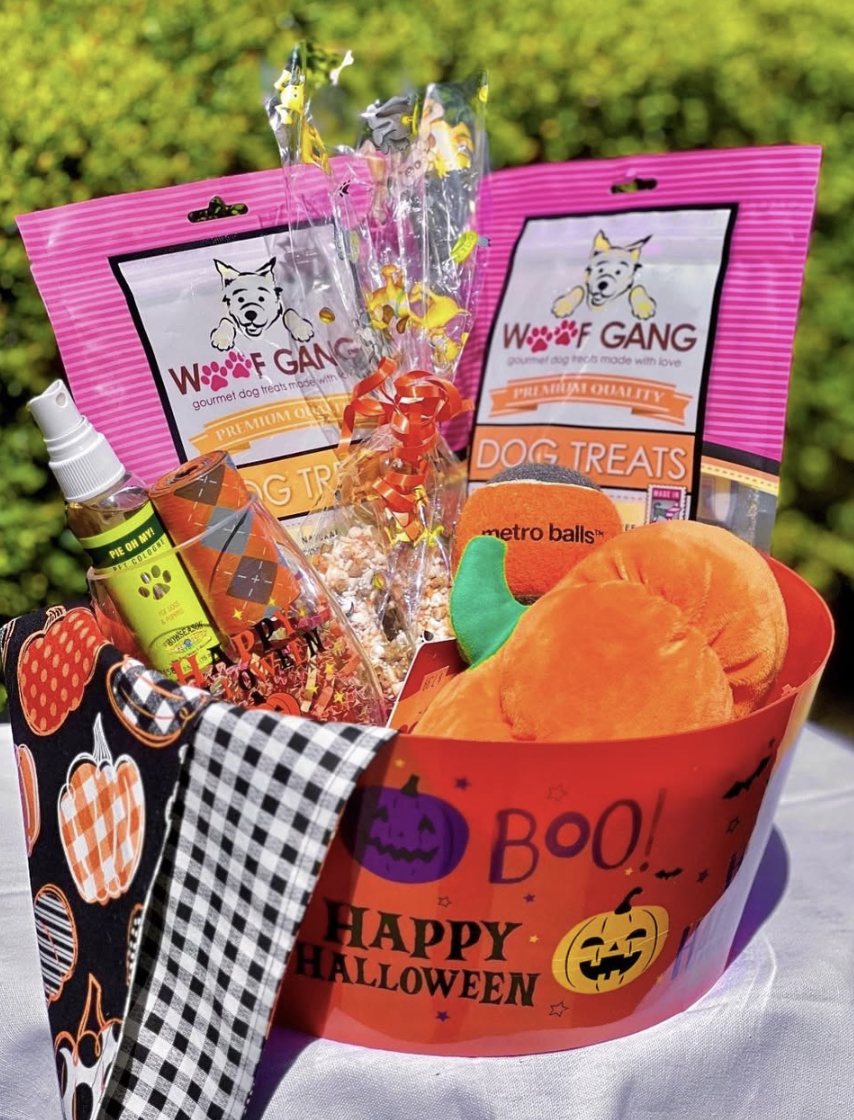 Vibrant Halloween dog boo basket featuring Woof Gang dog treats, plush pumpkin toys, bandanas, and a “Happy Halloween” bucket on a white table outdoors