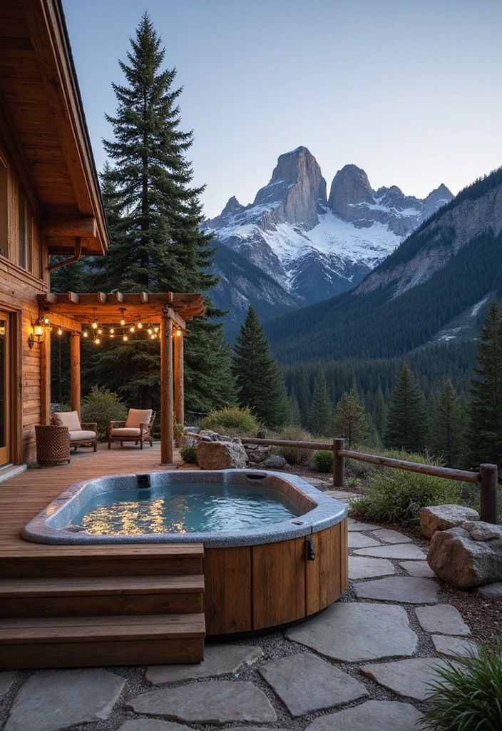 Outdoor hot tub on a wooden deck overlooking mountain views, perfect setting for DIY hot tub maintenance and repairs.