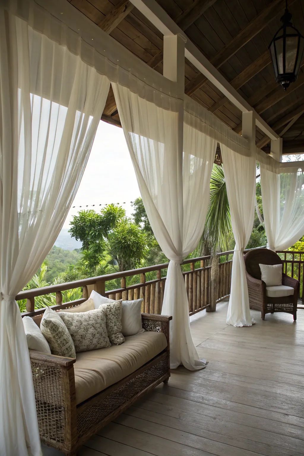 Cozy tropical porch with sheer white curtains tied back, wicker furniture with neutral cushions and floral throw pillows, overlooking lush green trees and a scenic mountain view.