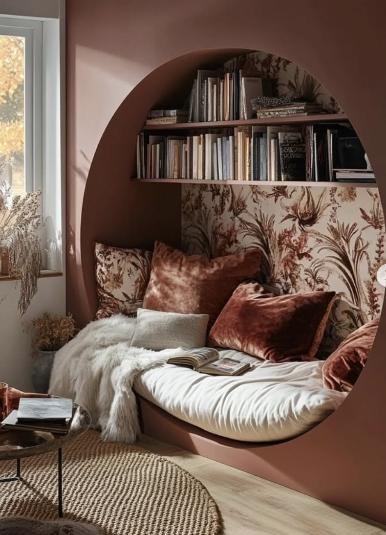 Round built-in reading nook with rust velvet pillows, floral wallpaper, and arched design