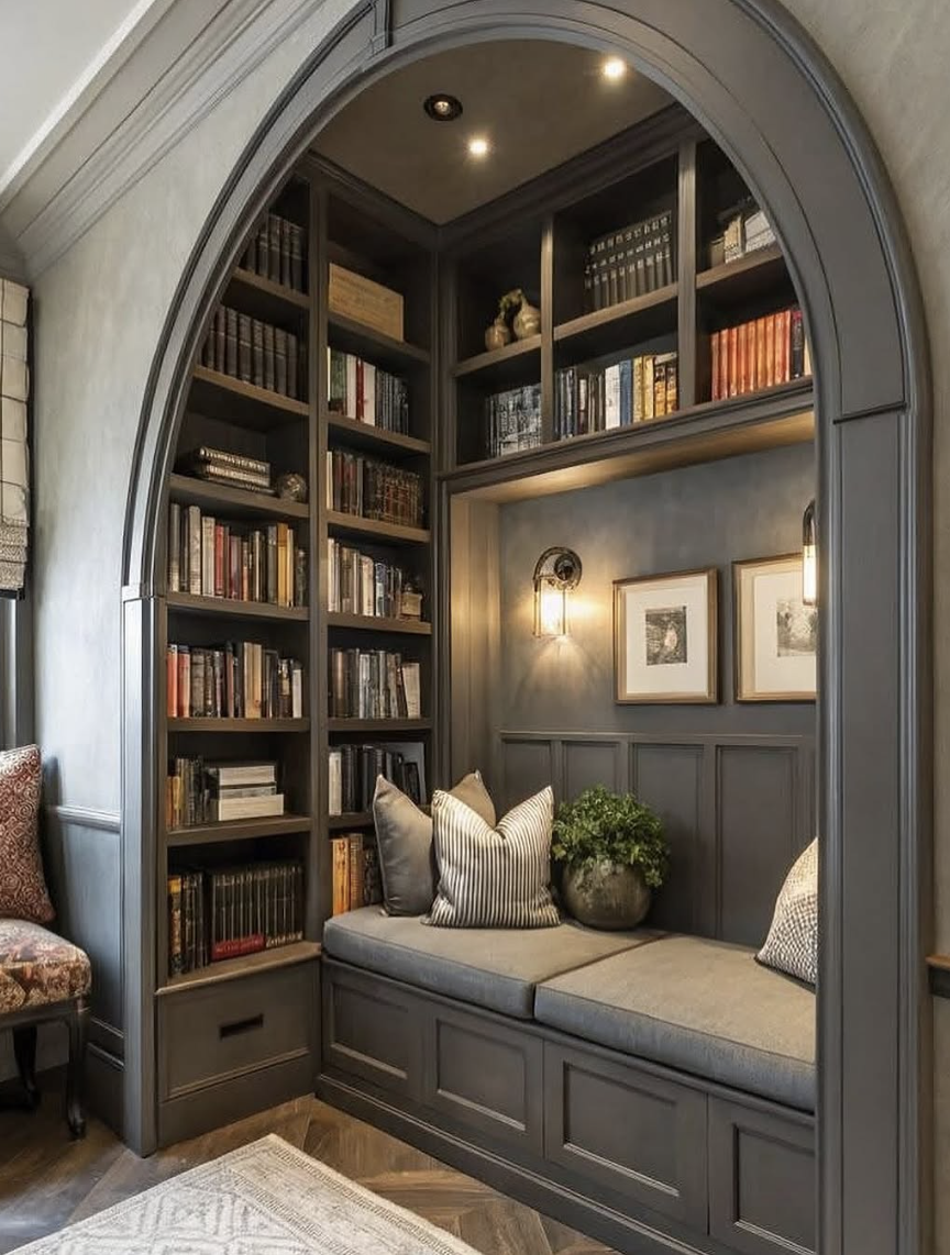 Built-in arched reading nook with dark gray shelving, bench seating, and warm lighting