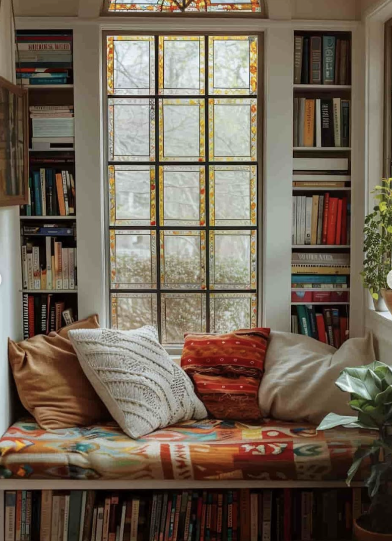 Colorful boho reading nook with stained glass window, bookshelves, and cozy pillows