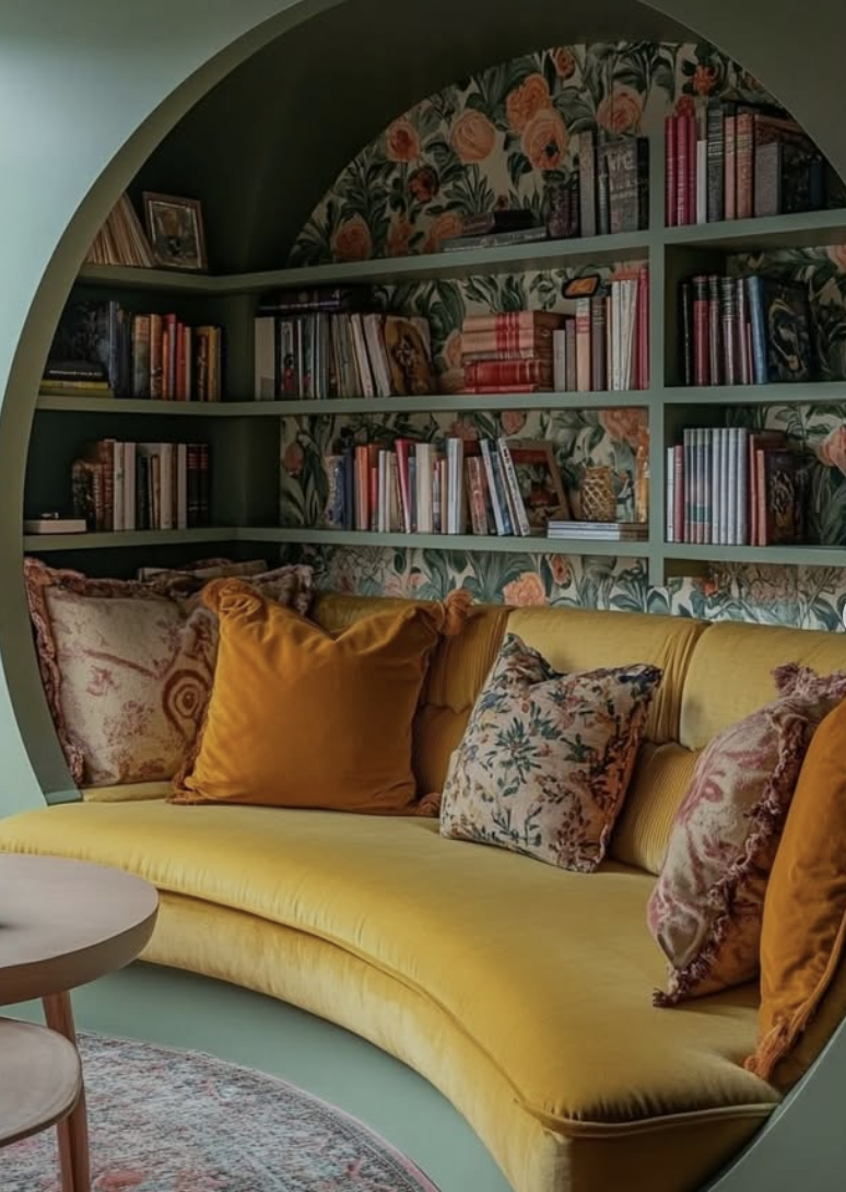 Arched green reading nook with floral wallpaper, built-in bookshelves, and yellow curved sofa