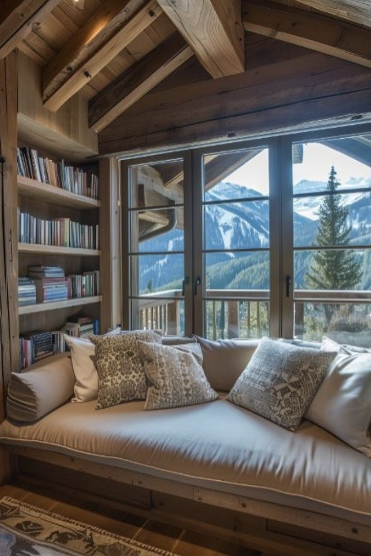 Cabin reading nook with built-in shelves, cushioned bench, and large window overlooking mountains