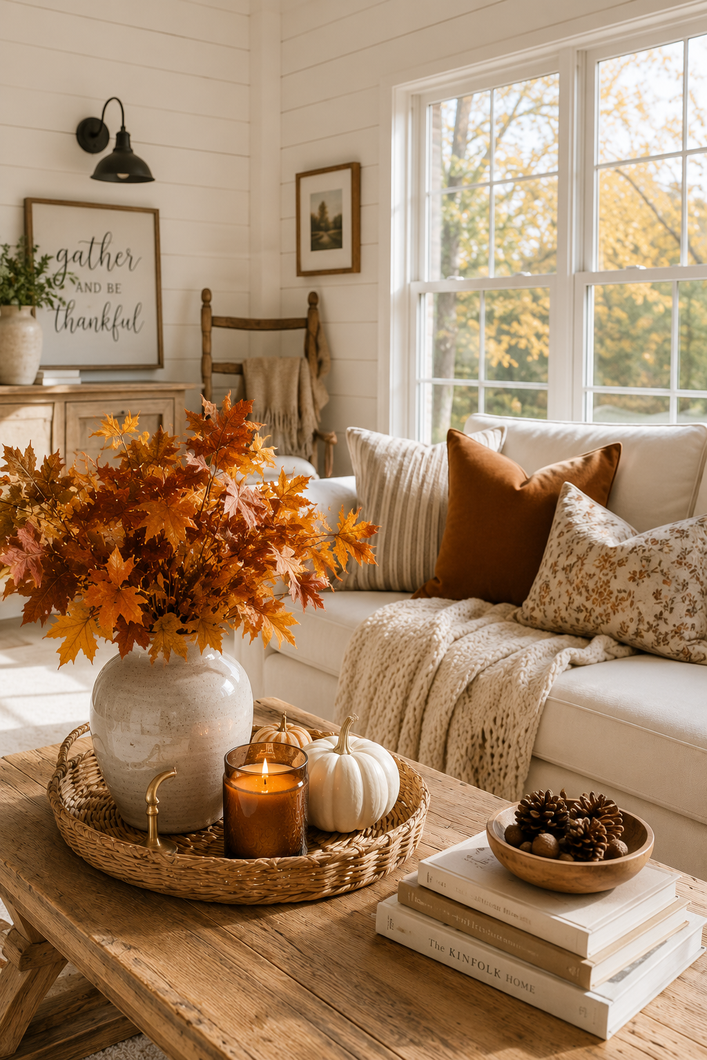 Cozy fall living room decor with autumn leaves, white pumpkins, candle, woven tray, warm wood coffee table, cream sofa, textured pillows, and fall window view.