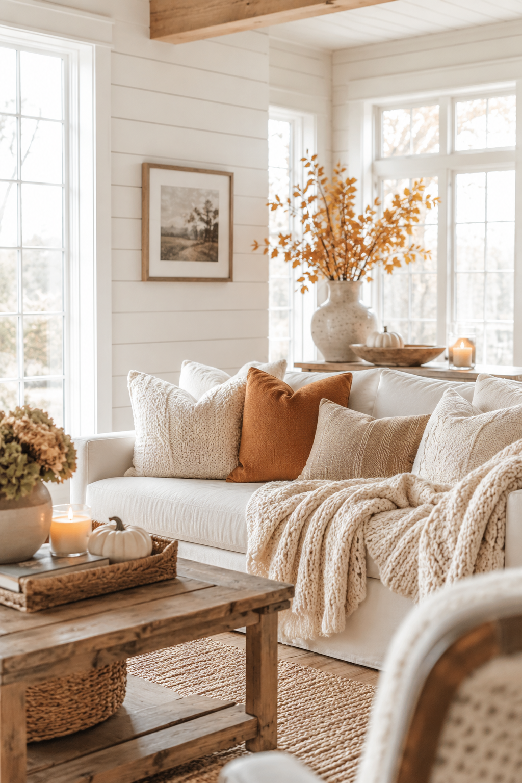 Cozy fall living room decor with cream sofa, textured pillows, chunky throw blanket, warm wood coffee table, white pumpkin, candles, and autumn branches.