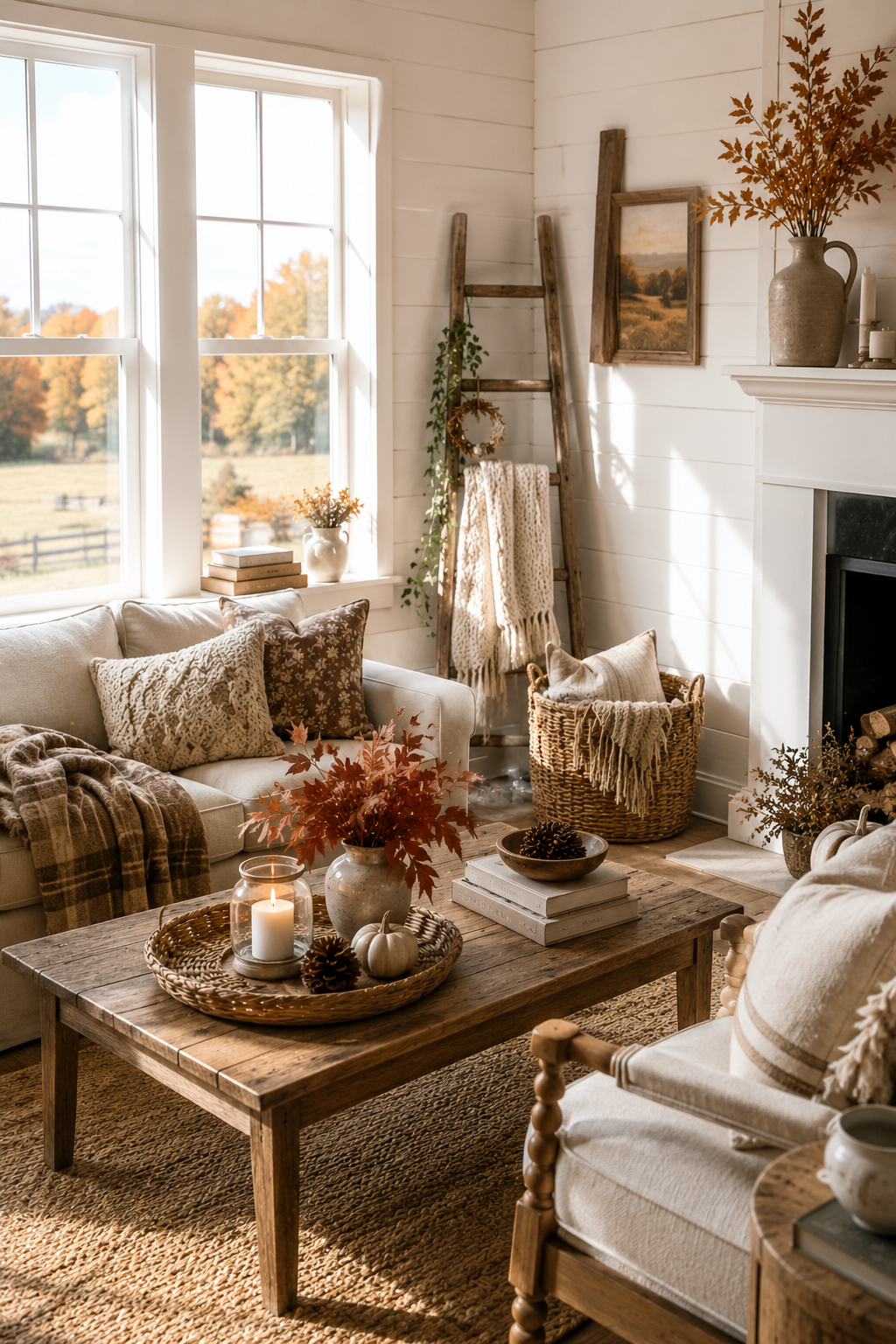Cozy fall living room decor with neutral autumn accents, cream seating, plaid throw blanket, wood coffee table, candles, pumpkins, woven baskets, and fall branches.