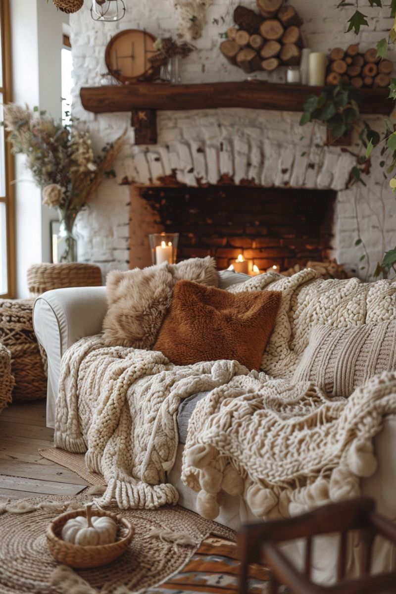 Farmhouse living room with chunky knit blankets, fall pillows, white brick fireplace, and candles for fall decor