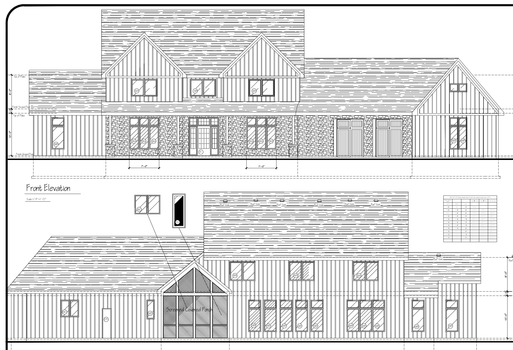 Black and white architectural drawing of a custom farmhouse front elevation showing roof lines, windows, and layout design