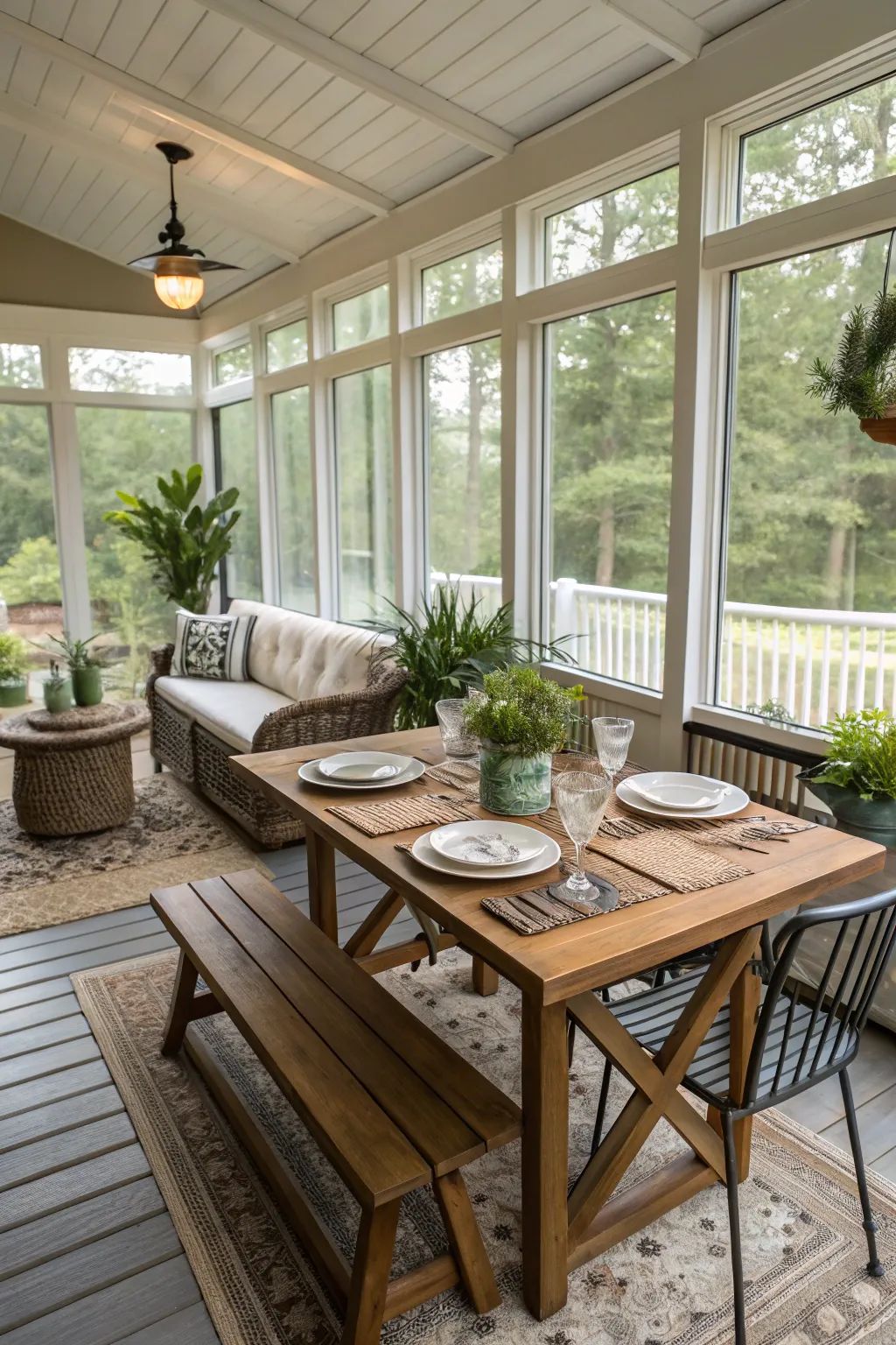 Bright enclosed porch with floor-to-ceiling windows, a wooden dining table set with plates and glasses, a bench and black chair, wicker sofa and ottomans, neutral rugs, and potted greenery throughout.