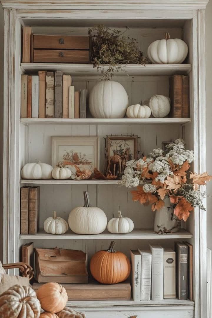 Farmhouse bookshelf styled for fall with white pumpkins, vintage books, and dried floral arrangements