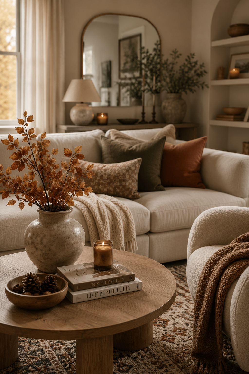 Cozy fall living room decor with curved furniture, round wood coffee table, arched mirror, cream sofa, autumn branches, warm pillows, and soft neutral accents.