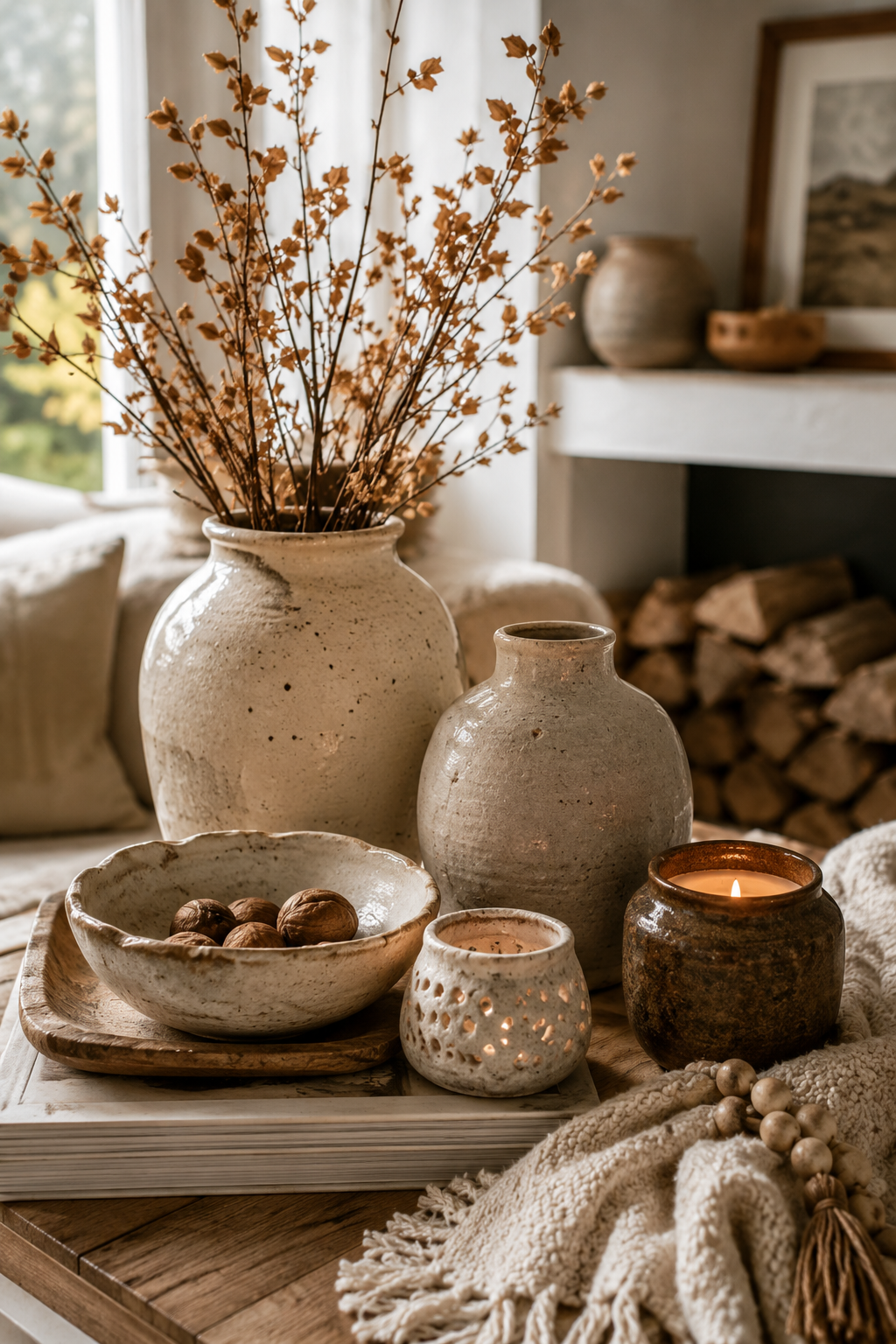 Cozy fall living room decor with handmade ceramics, pottery vases, textured candle holders, autumn branches, wood tray, neutral throw blanket, and warm rustic accents.