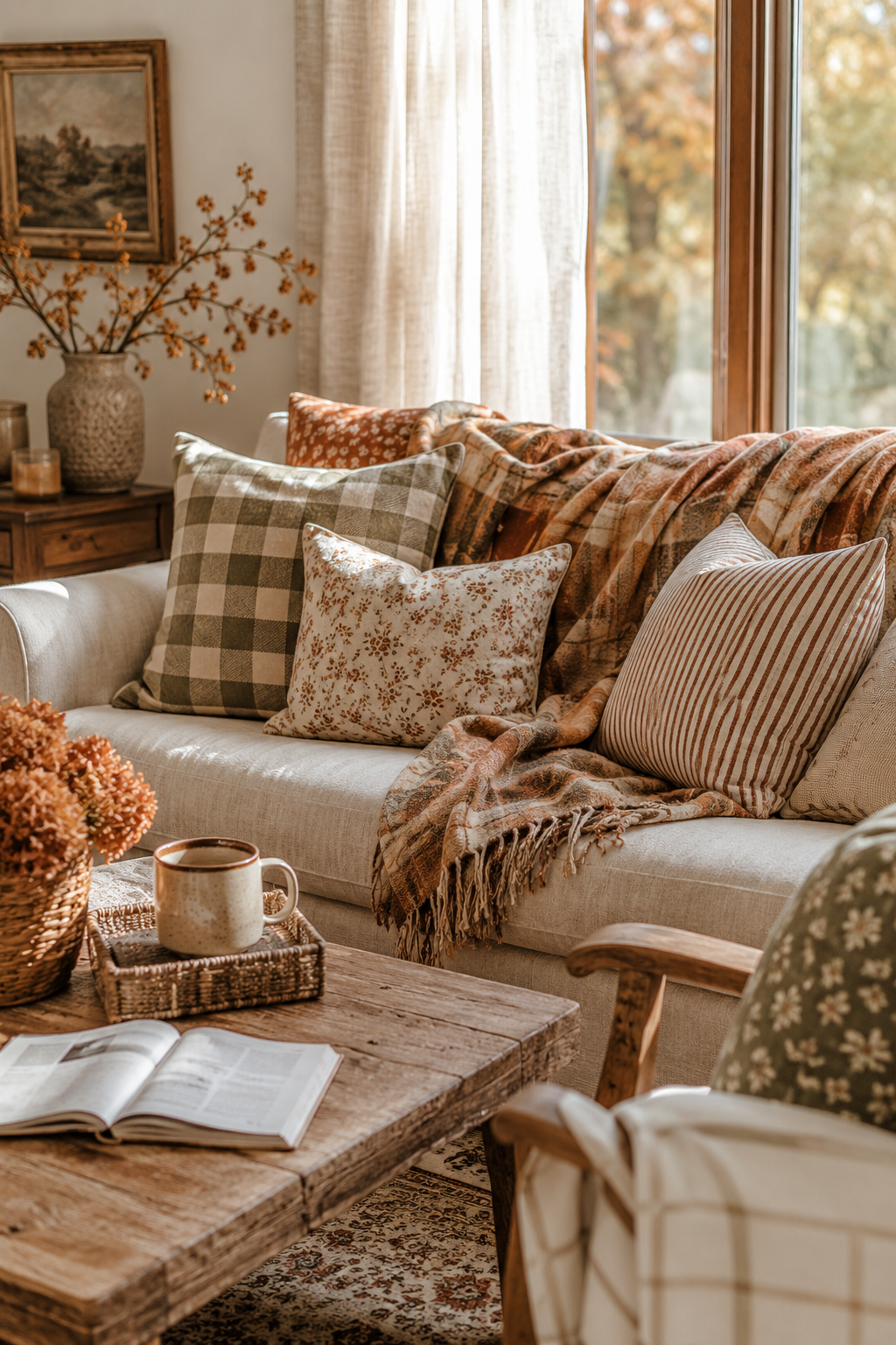 Cozy fall living room decor with mixed patterns, plaid throw blanket, striped and floral pillows, cream sofa, warm wood coffee table, and autumn accents.