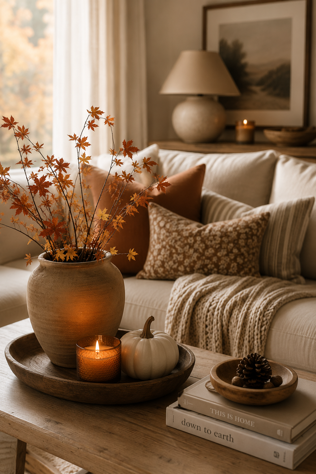 Cozy fall living room decor with simple seasonal touches, autumn branches, white pumpkin, glowing candle, wood tray, pinecones, books, and warm textured pillows.