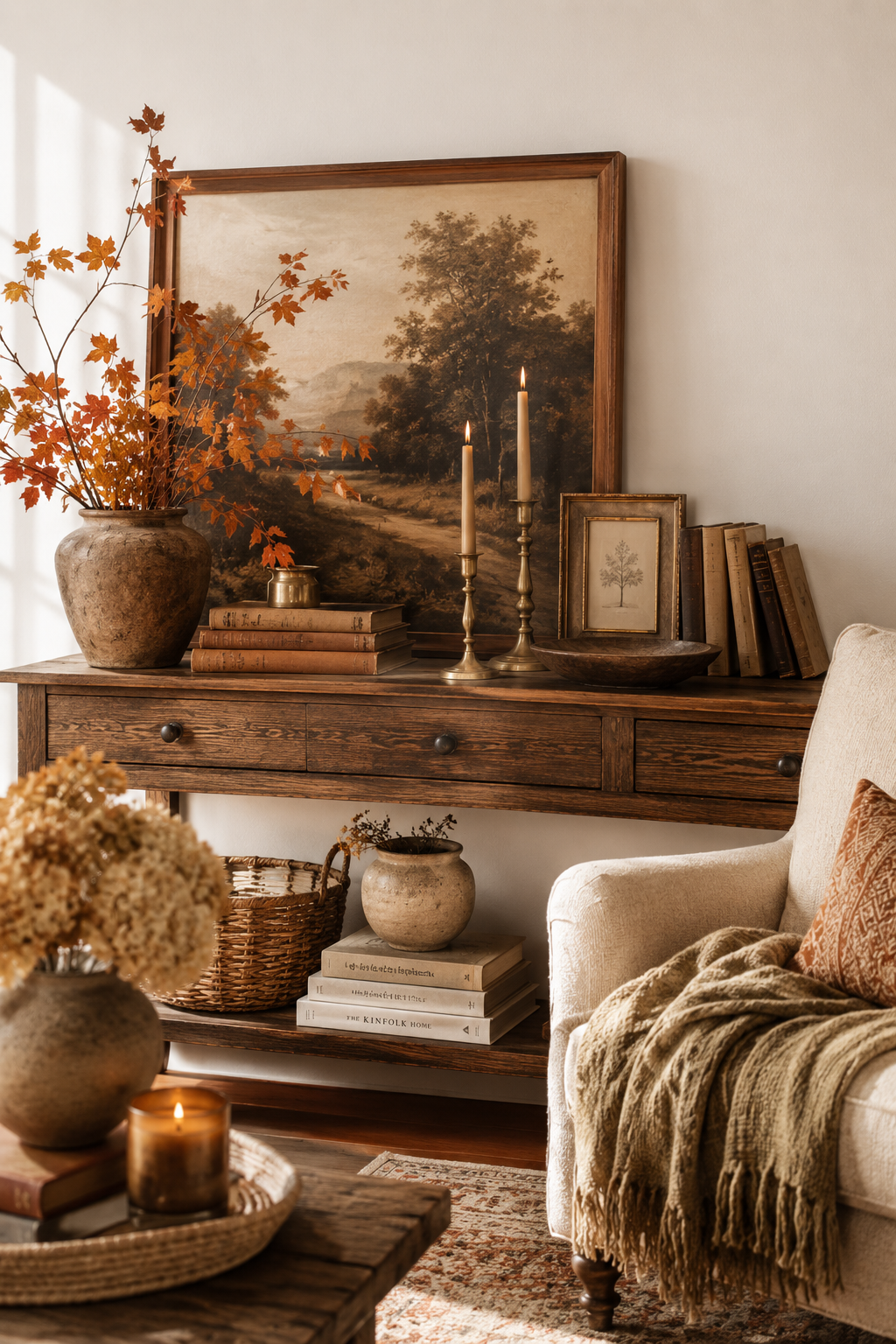 Cozy fall living room decor with vintage-inspired accents, antique artwork, brass candlesticks, old books, autumn branches, wood console table, and textured throw blanket.